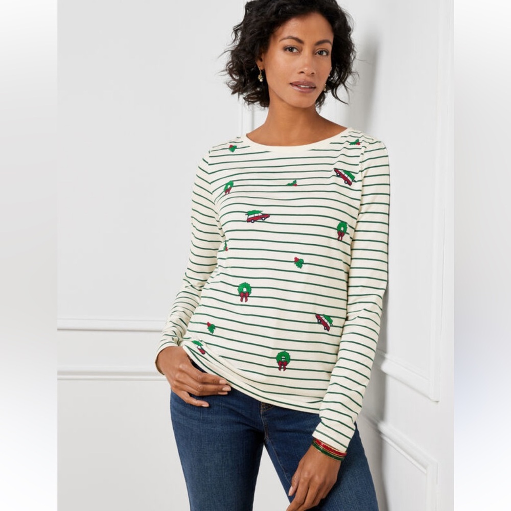 Talbots Embroidered Bateau Neck Christmas Striped Tee Size Large Cottagecore